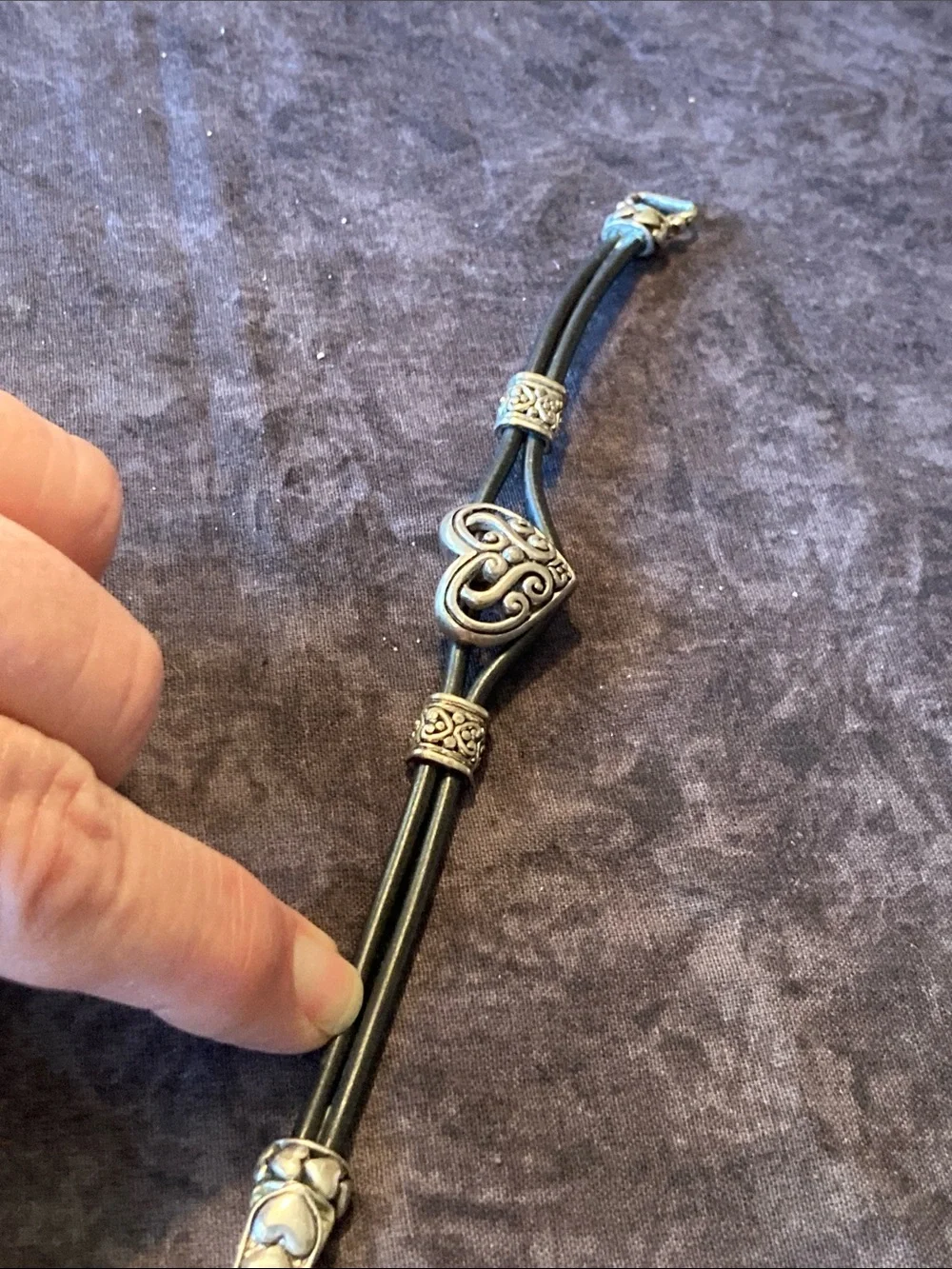 Handcrafted Black Corded Bracelet with Silver Tone Heart Accent